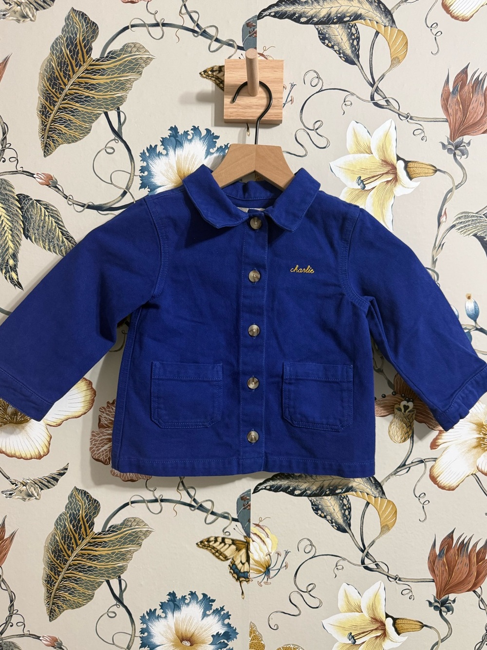 Sezane Royal Blue Button-Front Kids Jacket Charlie Name embroidered